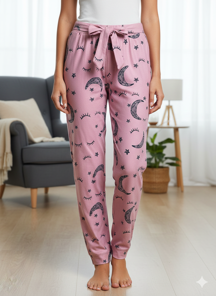 Pantaloni Pijamale Damă – Roz Pufos cu Steluțe și Lună