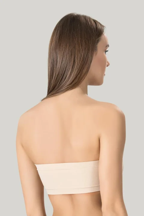 Bustiera dama elastica fara bretele, cu pad-uri, material lejer si elastic, culoare bej