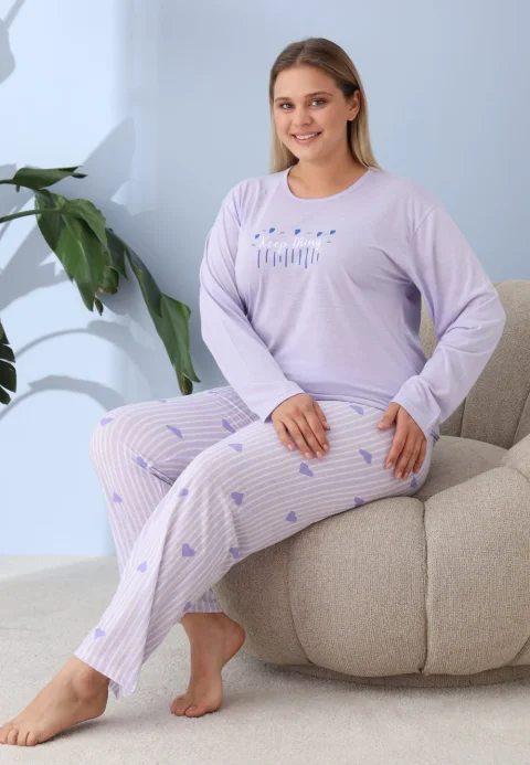 Pijama damă big size lila, imprimeu Keep Things, 100% bumbac