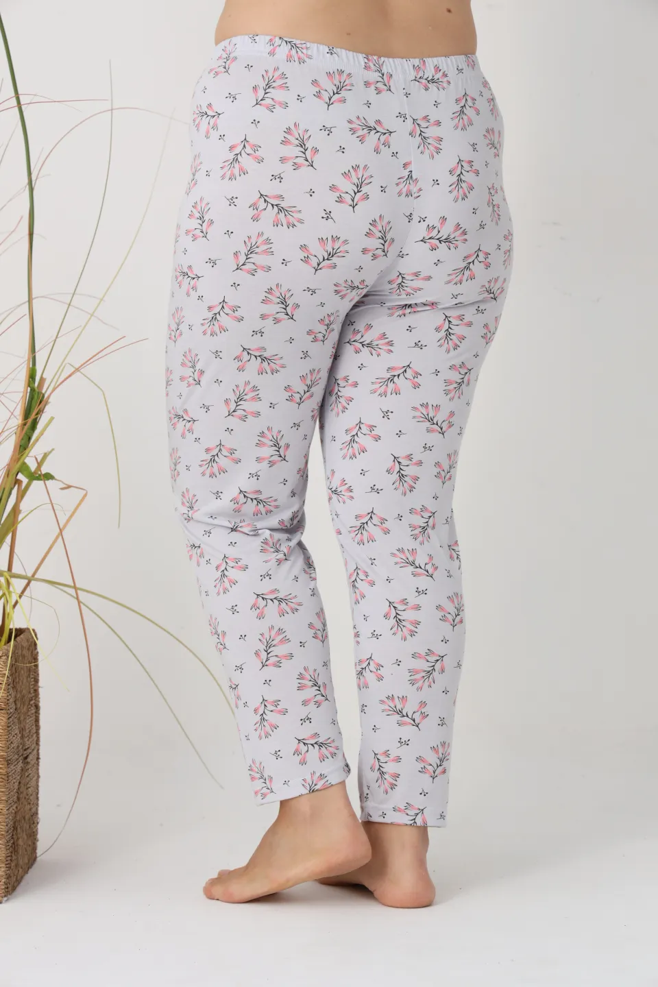 Pantaloni de pijama damă Big Size, turcoaz cu flori roz