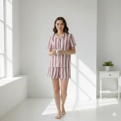 Pijama damă cu bluză cu nasturi, mânecă scurtă și pantaloni scurți, imprimeu cu dungi, roz/alb