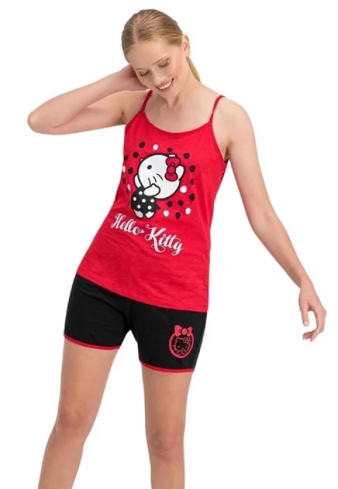 Pijama damă „Hello Kitty” – maiou roșu și pantaloni scurți negri, 100% bumbac