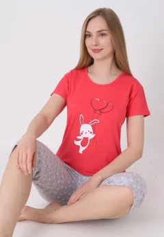 Pijama damă cu model de Paște, roz – tricou bumbac și pantaloni 3/4