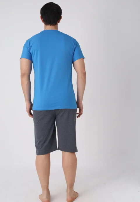 Pijama bărbați Paște, Albastru – tricou bumbac 100% și pantaloni 3/4