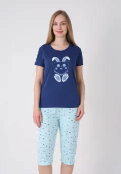Pijama damă cu model de Paște, albastru – tricou bumbac și pantaloni 3/4