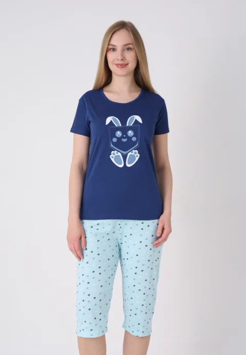 Pijama damă cu model de Paște, albastru – tricou bumbac și pantaloni 3/4