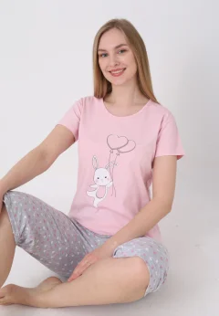Pijama damă cu model de Paște, roz deschis – tricou bumbac și pantaloni 3/4