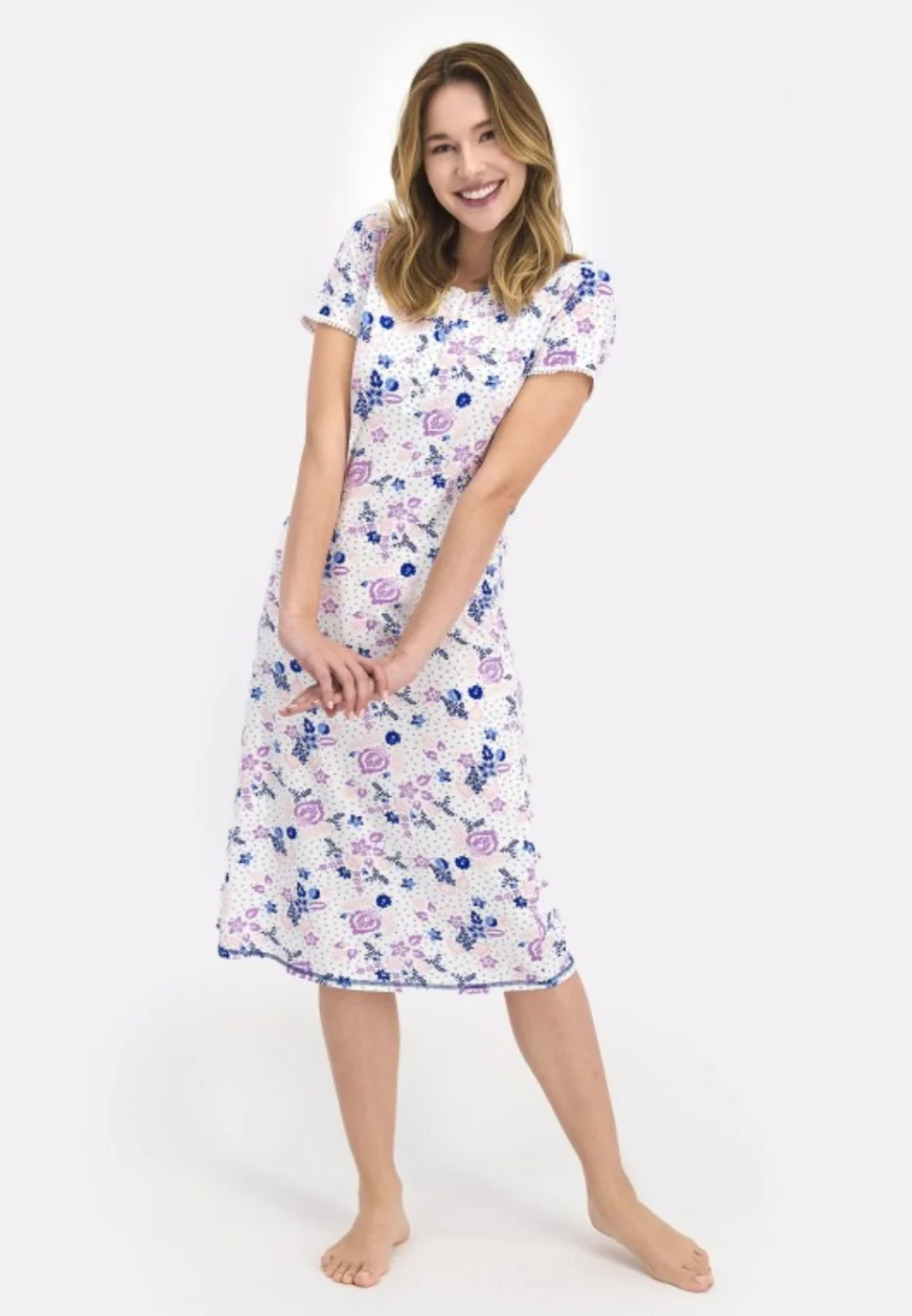 Rochie damă cu mânecă scurtă și aplicație din dantelă, cu imprimeu floral și lungime 3/4