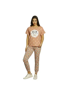 Pijama damă, cu mânecă scurtă  și pantaloni lungi din bumbac, imprimeu Cute Cat Love