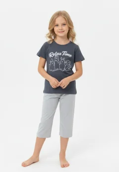 Pijama fete Paște, Gri – tricou bumbac 100% și pantaloni 3/4