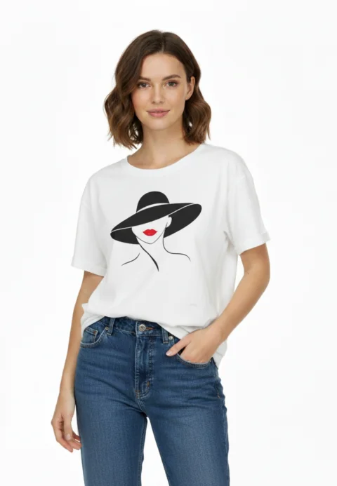 Tricou damă alb din bumbac 100% cu imprimeu grafic – model casual