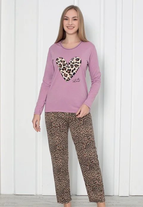 Pijama damă cu mânecă lungă și pantaloni lungi, imprimeu inimă, culoare mov