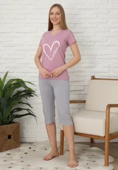 Pijama familie-damă, bumbac, mânecă scurtă și pantaloni 3/4, culoare lila