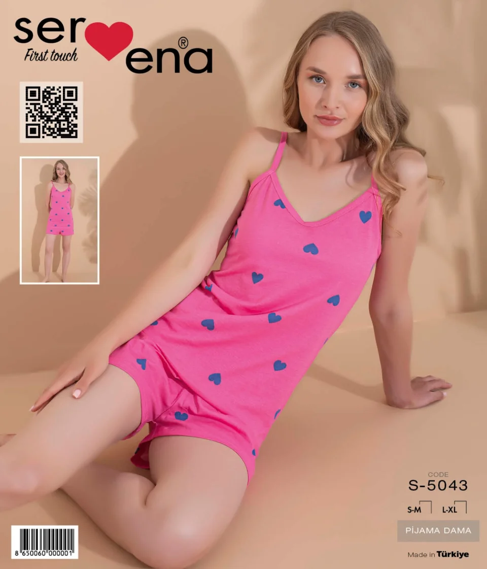 Pijama damă, 100% bumbac, maiou și short, imprimeu inimi