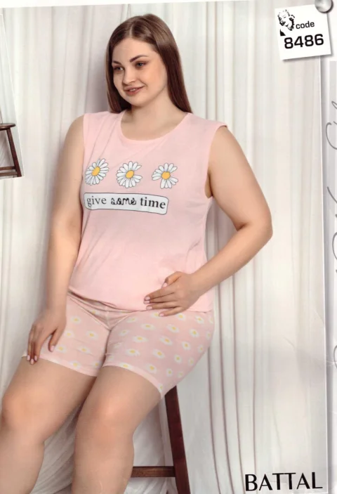 Pijama damă big size din bumbac, tricou și pantaloni scurți, imprimeu Give Some Time-roz