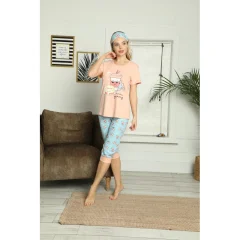 Pijama Dama din Bumbac – Set cu Tricou și Pantaloni 3/4 cu Mansetă si Masca de Dormit, Imprimeu Yummy