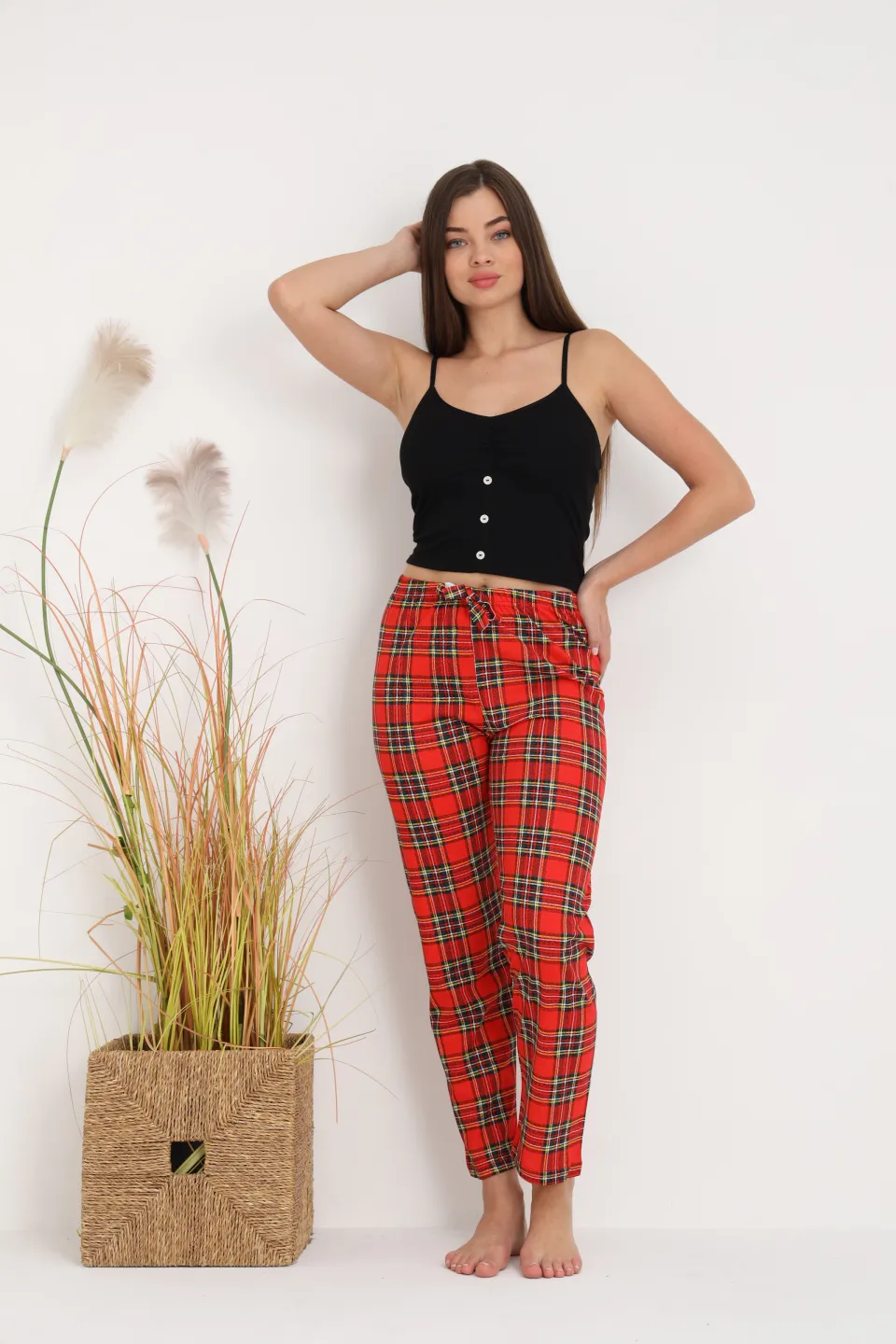 Pantaloni de pijama damă roșii cu carouri