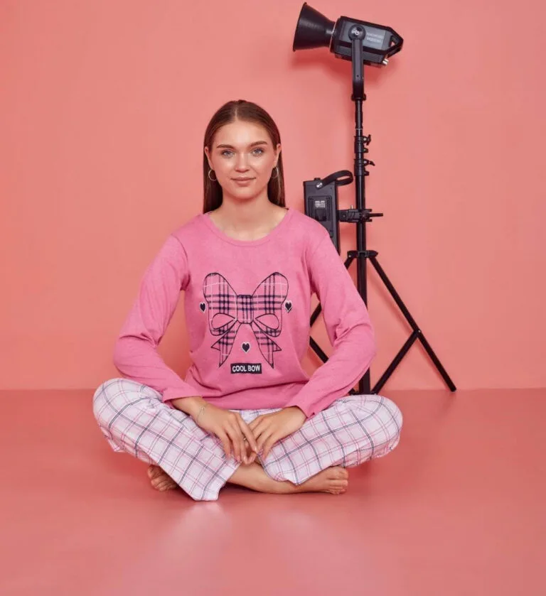 Pijama damă, cu mânecă lungă și pantaloni lungi din bumbac, imprimeu Cool Bow