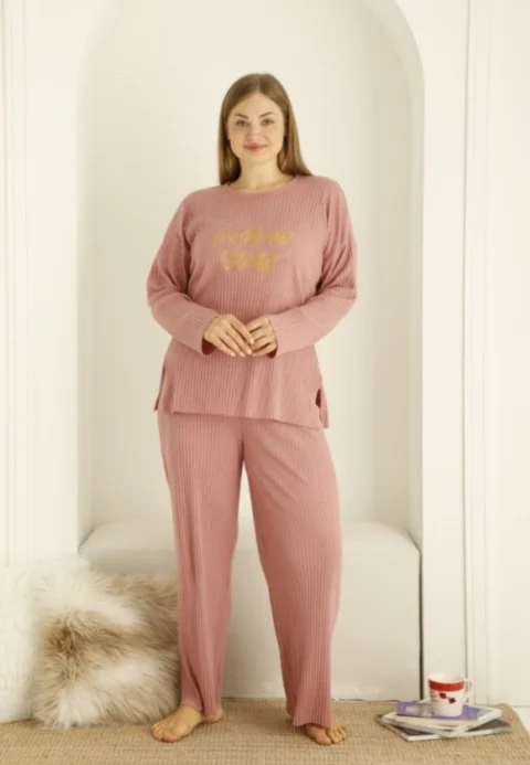 Pijama damă, mânecă lungă și pantaloni lungi cu imprimeu Positivity Stars, culoare roz pudra