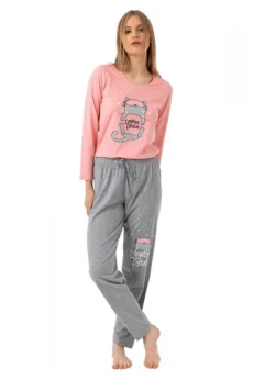 Pijamale damă cu mânecă lungă și pantaloni lungi, imprimeu Together Forever, roz