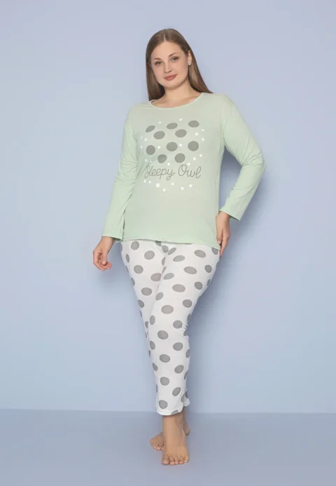 Pijama damă Big Size, bluza verde și pantaloni albi cu buline, mânecă lungă și pantaloni lungi