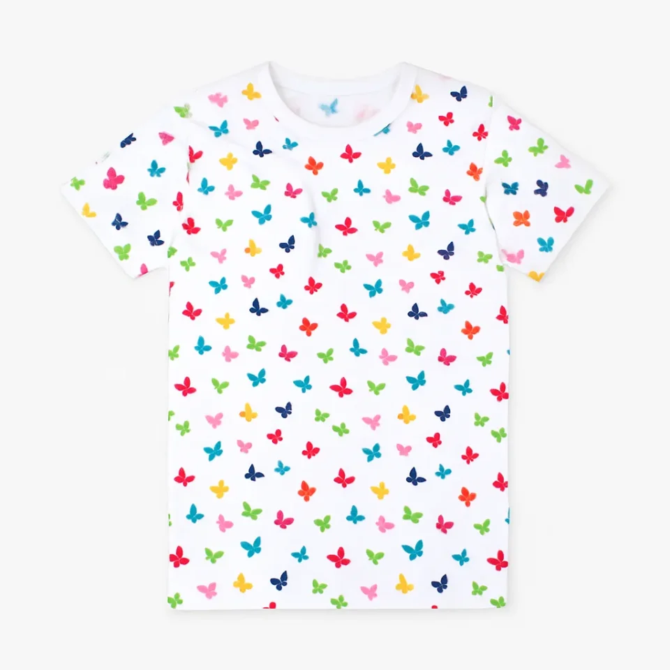 Tricou pentru fetițe, din bumbac, imprimeu fluturi, alb