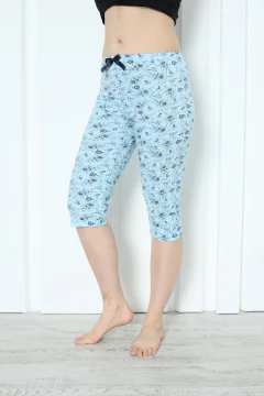 Pantaloni pijama damă 3/4, blue, imprimeu flori