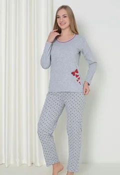 Pijama damă  cu mânecă lungă și pantaloni lungi, imprimeu fluture, culoare gri
