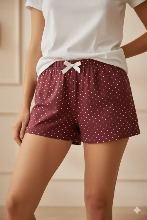 Short damă pijama din bumbac, vișiniu, imprimeu buline