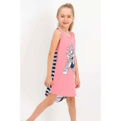 Rochiță fetițe cu bretele groase, imprimeu Buggs Bunny, culoare roz