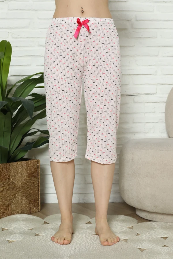 Pantaloni pijama damă 3/4, roz, imprimeu inimi