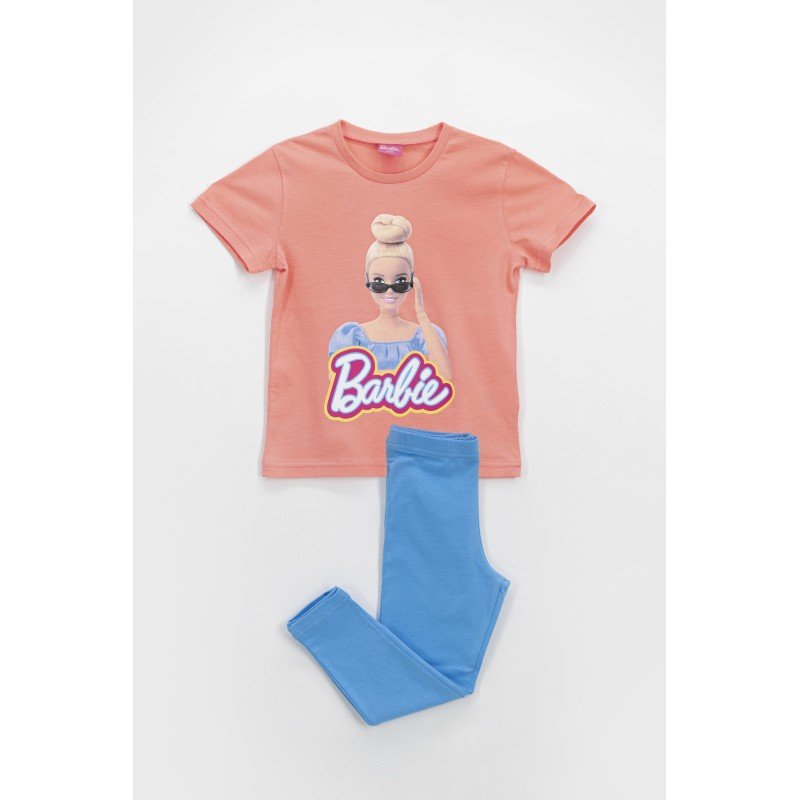 Pijama pentru fetițe Barbie, tricou și colanți culoare corai