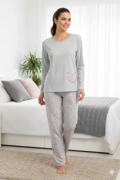 Pijama damă  din bumbac mânecă lungă și pantaloni lungi GRI