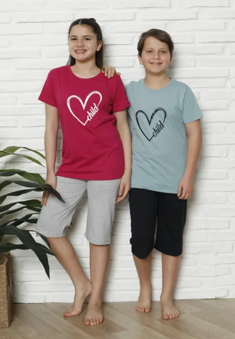 Pijama familie-copii, bumbac, mânecă scurtă și pantaloni 3/4, fucsia