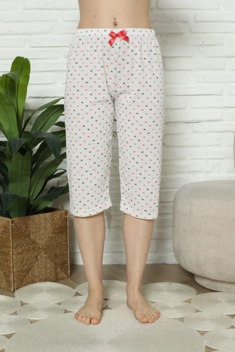 Pantaloni pijama damă 3/4, alb, imprimeu inimi