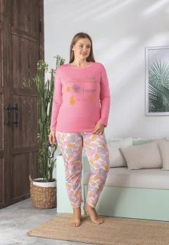 Pijama damă Big Size roz cu mânecă lungă și pantaloni lungi, imprimeu „Amour”