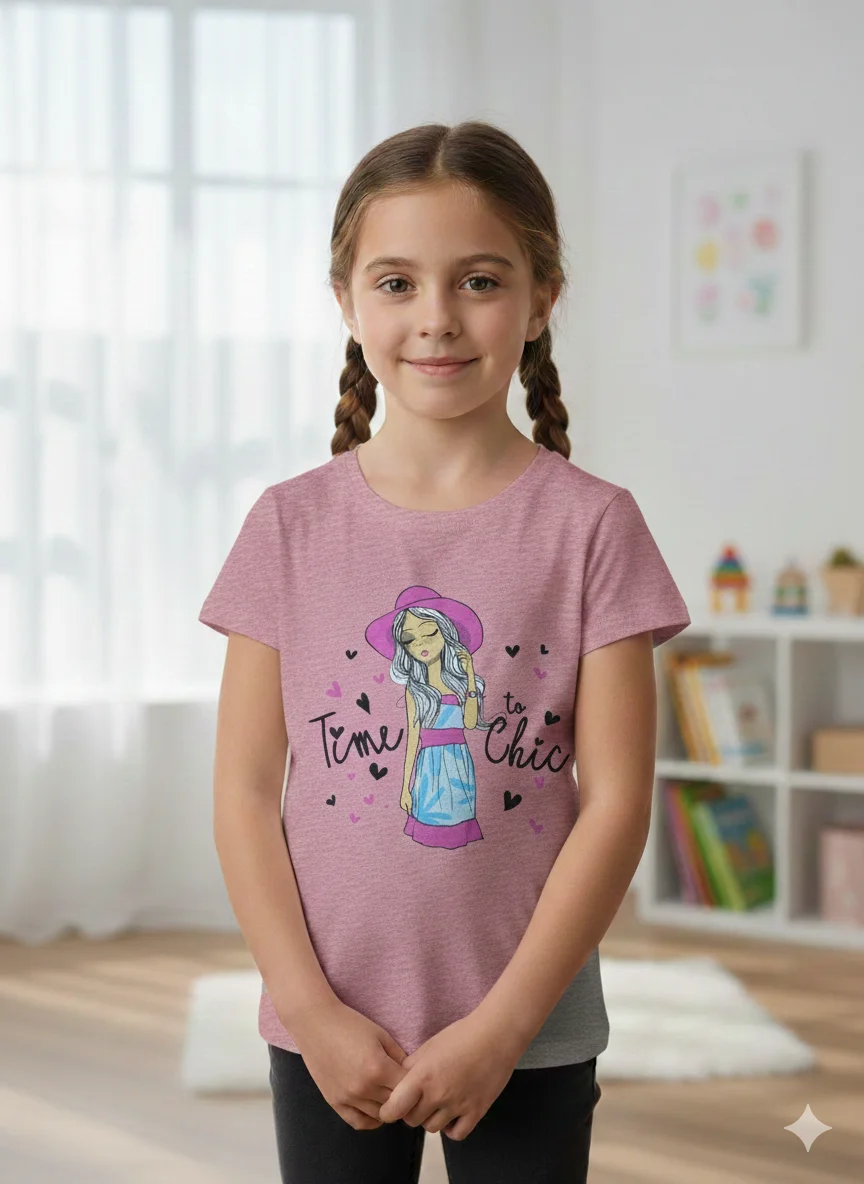 Tricou copii fetițe roz cu imprimeu „Time Chic”