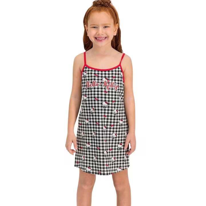 Rochiță pentru copii Hello Kitty cu bretele subțiri, model carouri
