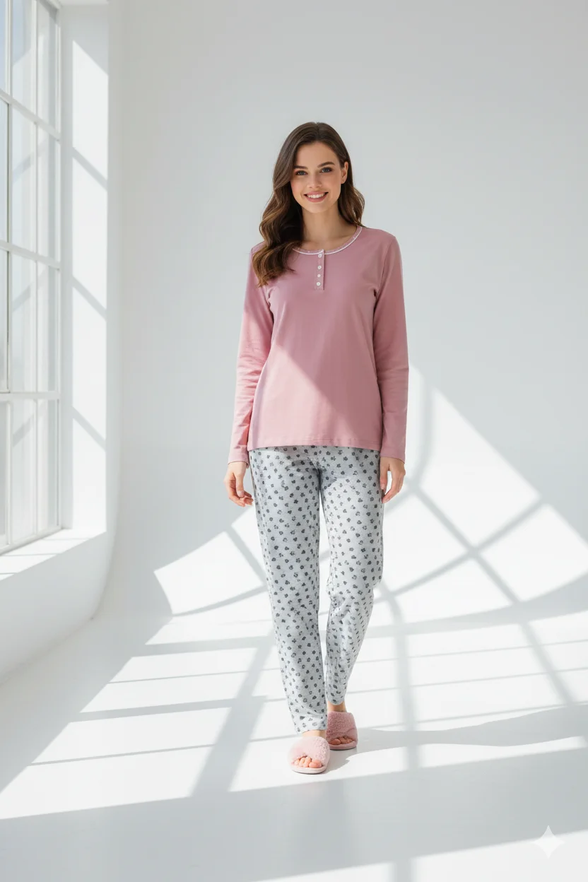 Pijama damă  din bumbac mânecă lungă și pantaloni lungiroz pudra