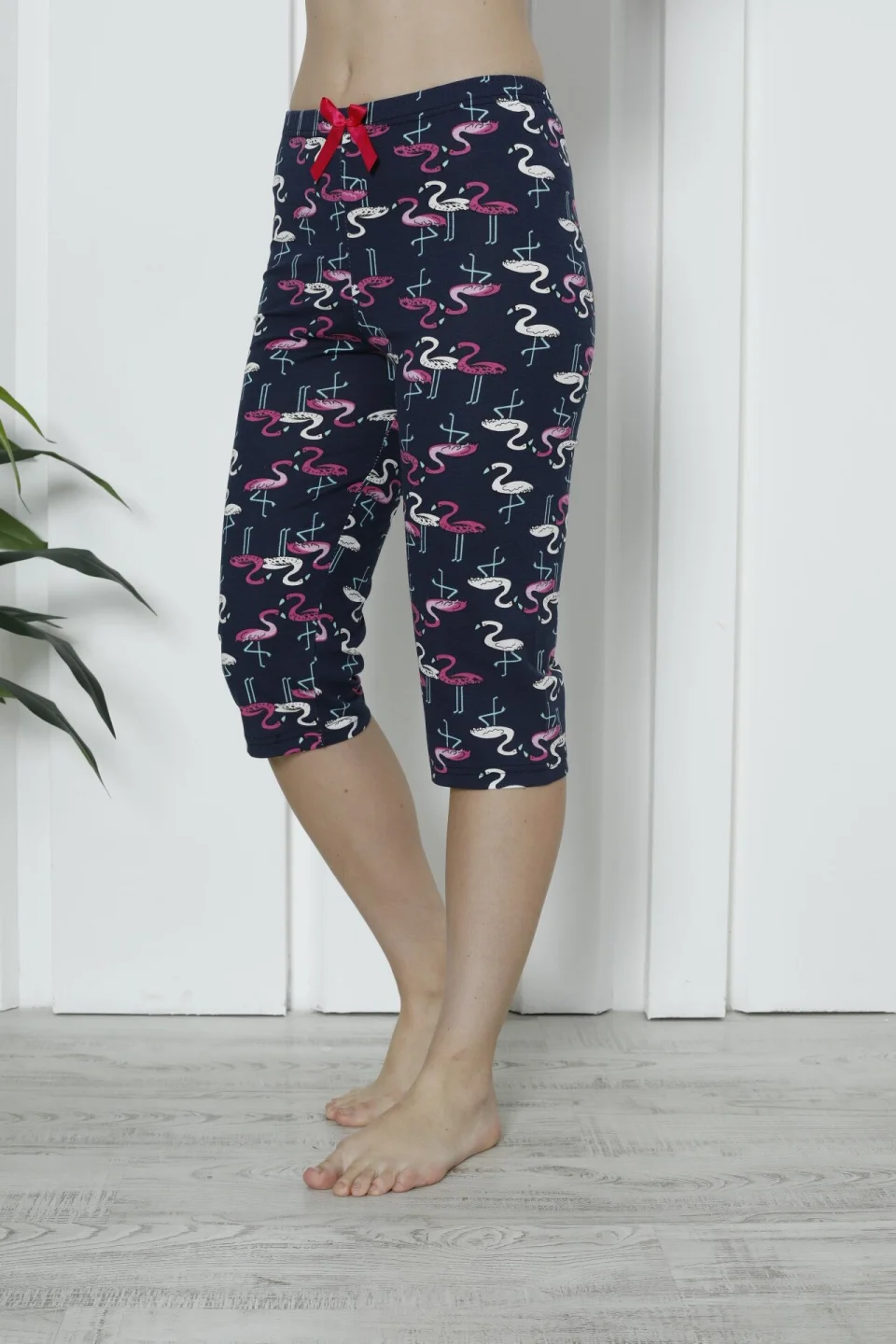Pantaloni pijama damă 3/4, bleumarin, imprimeu flamingo