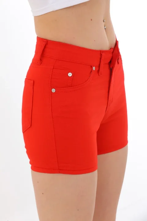 Blugi scurți damă de vară – elastici, mulați, cu buzunare la spate-rosu — imagine 2