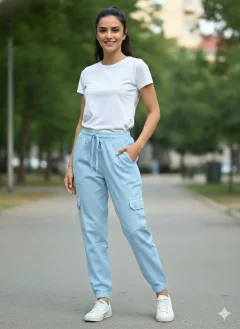 Pantaloni denim cargo damă bleu cu elastic și buzunare laterale
