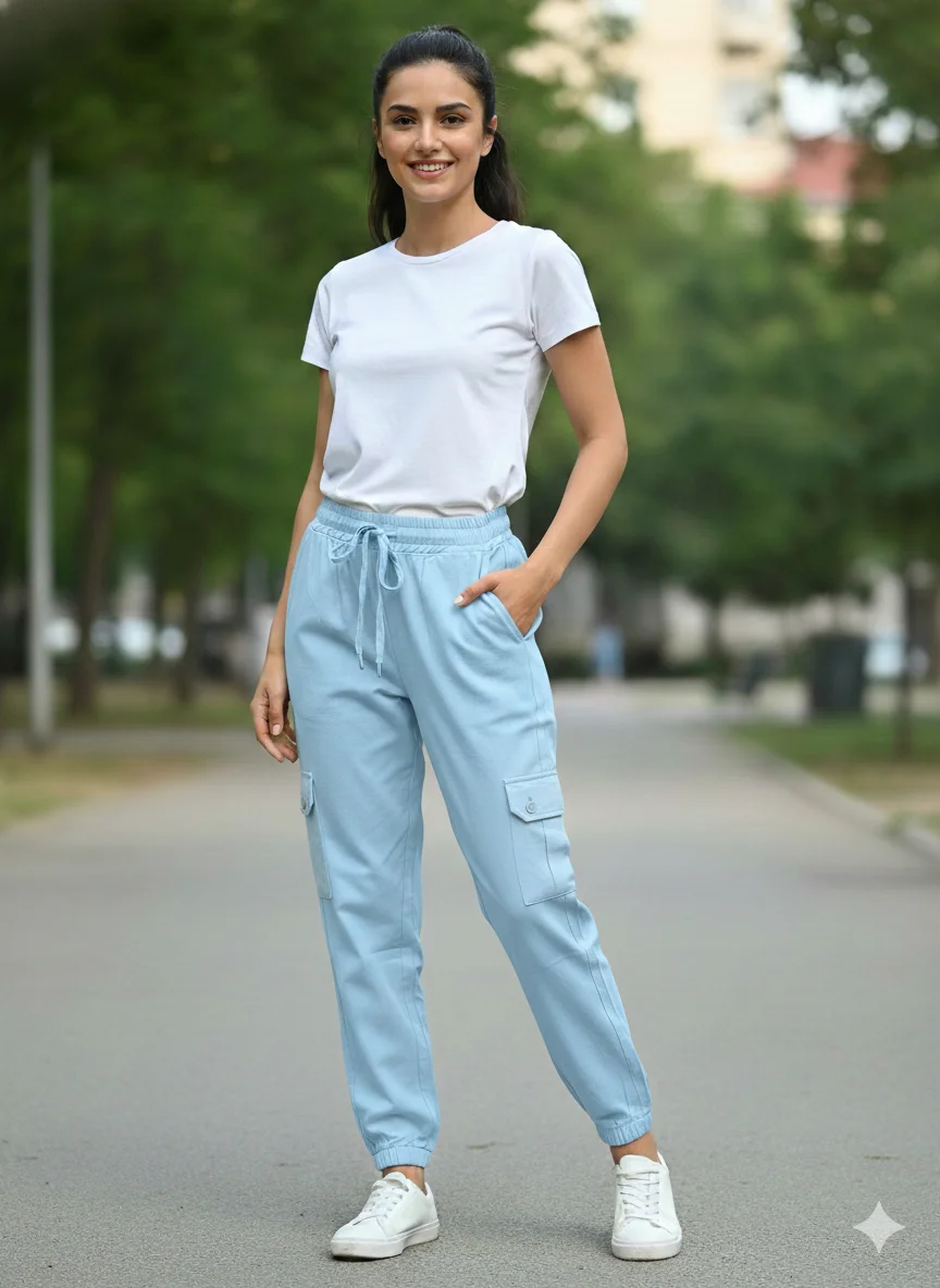 Pantaloni denim cargo damă bleu cu elastic și buzunare laterale