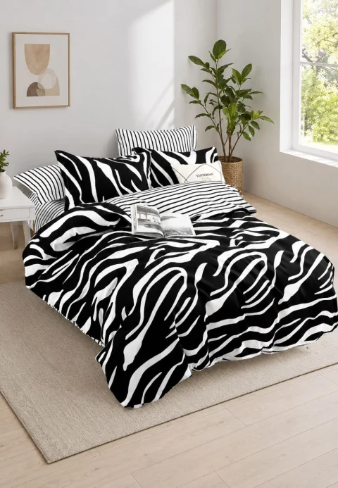 Lenjerie de pat finet cu elastic 6 piese – model zebra alb-negru