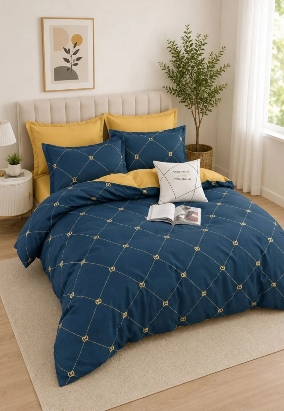 Lenjerie de pat finet cu elastic 6 piese – model bleumarin cu nasturi galbeni