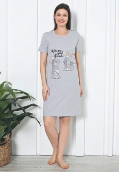 Rochie de casă gri cu imprimeu de Paște, bumbac, mânecă scurtă