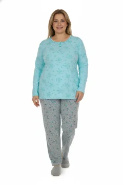 Pijama damă big size din bumbac mânecă lungă și pantaloni lungi, VERDE
