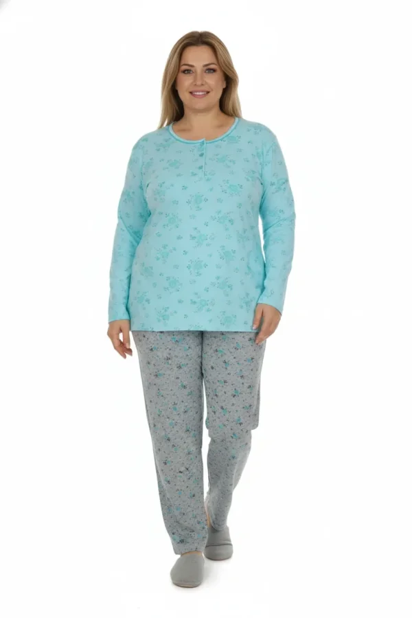 Pijama damă big size din bumbac mânecă lungă și pantaloni lungi, VERDE