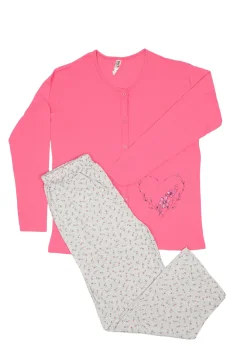 Pijama damă  roz big size din bumbac mânecă lungă și pantaloni lungi gri
