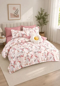 Lenjerie de pat finet cu elastic 6 piese – model floral roz-crem